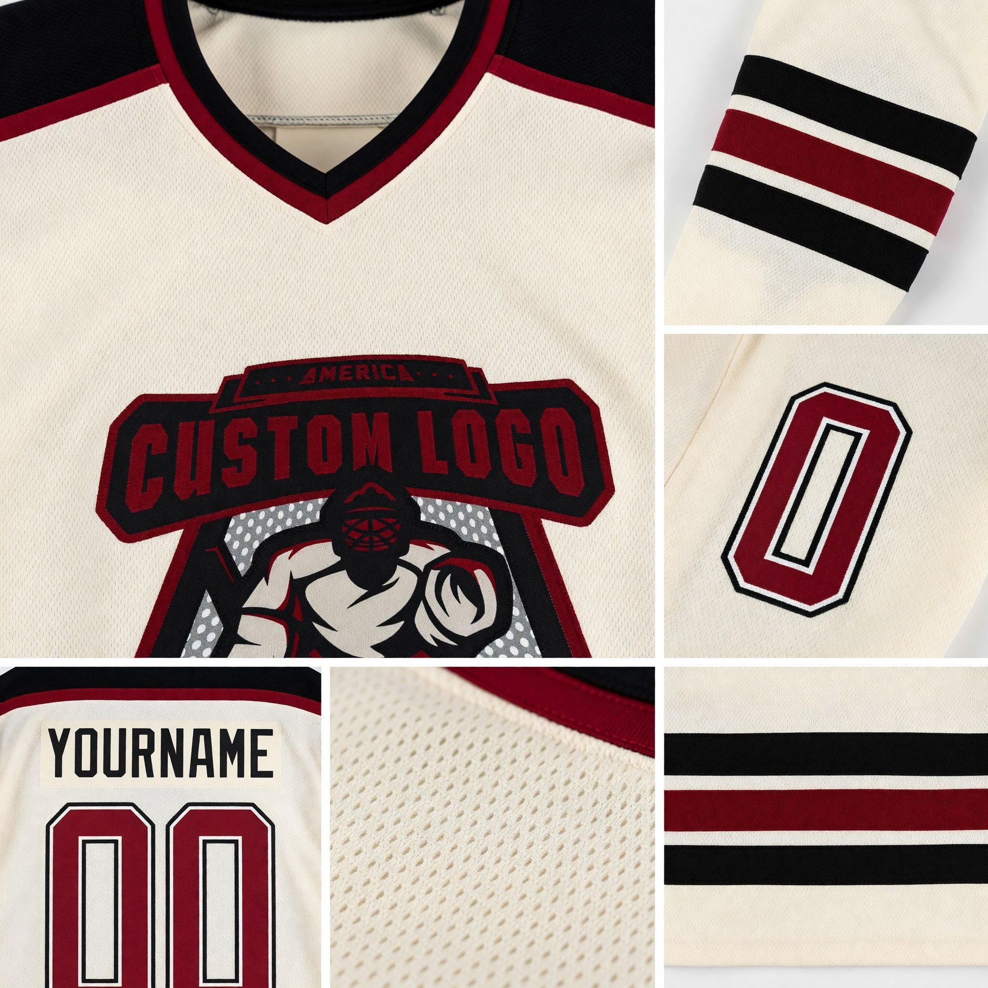 Custom Cream Crimson-Black Hockey Jersey detail