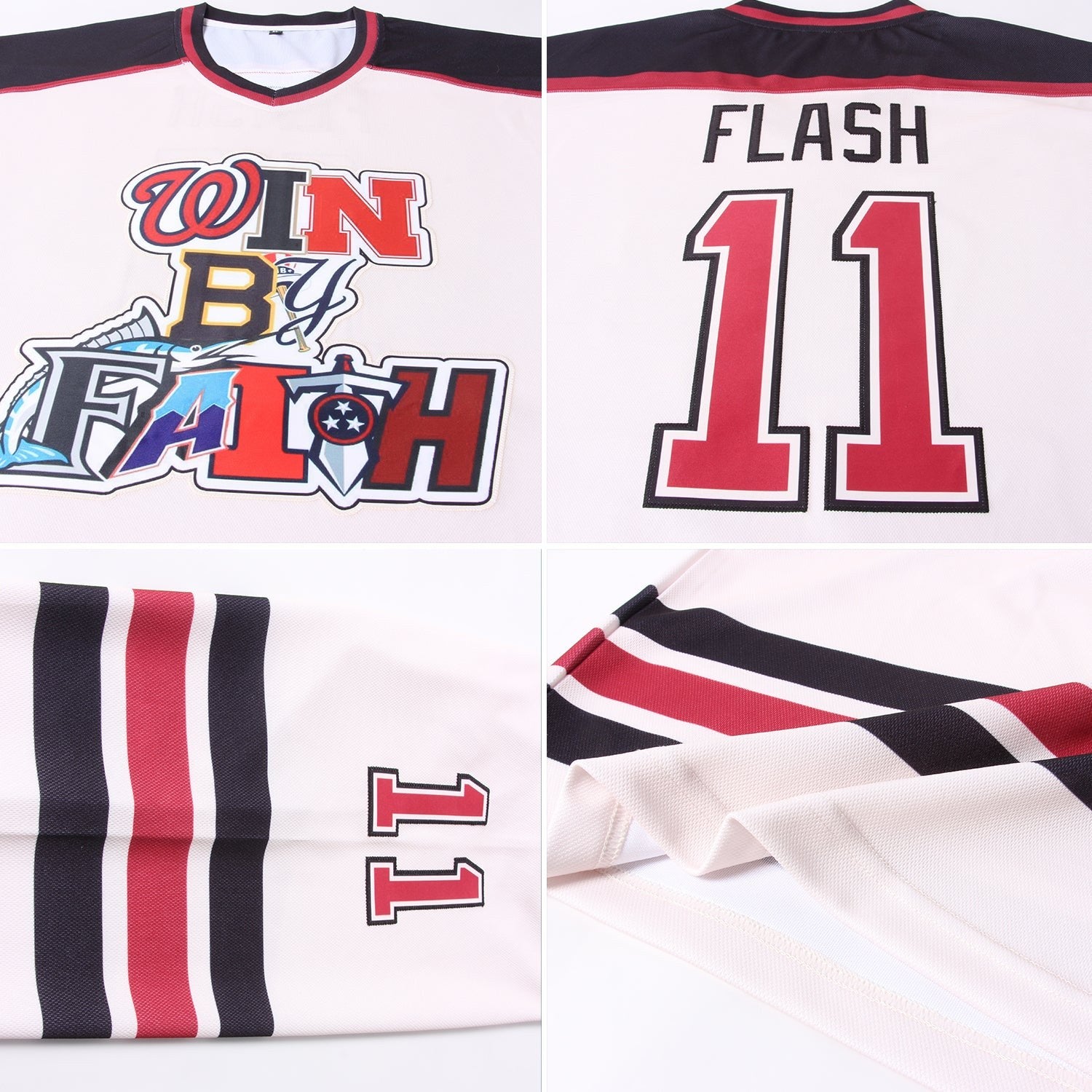 Custom Cream Crimson-Black Hockey Jersey photo 4