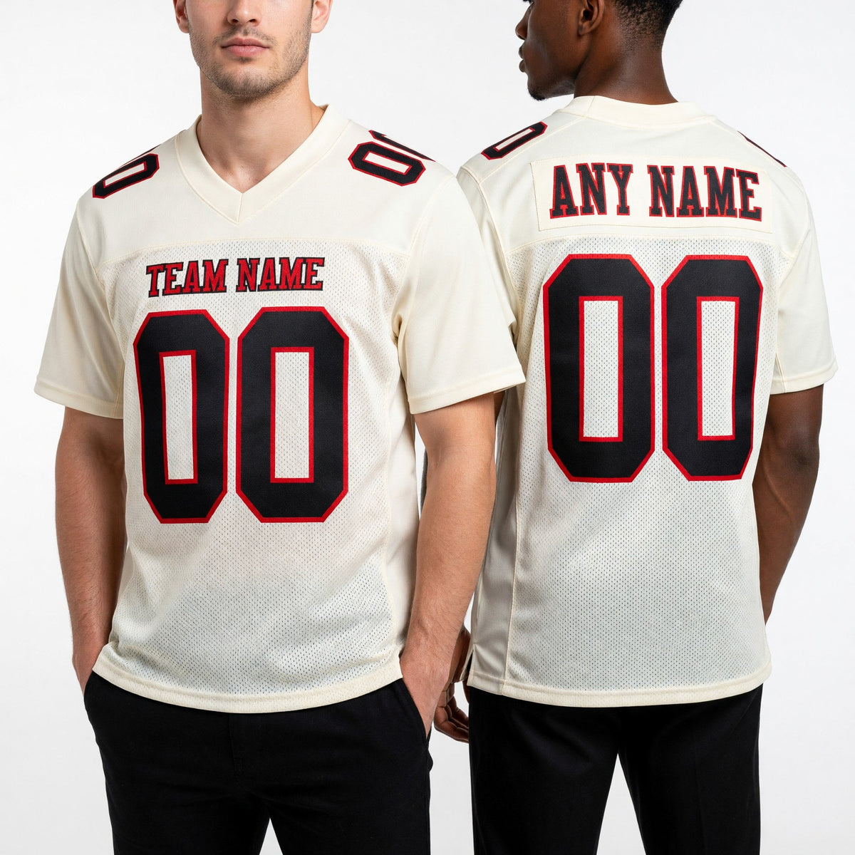 Custom Cream Black-Red Mesh Authentic Football Jersey worn front and back