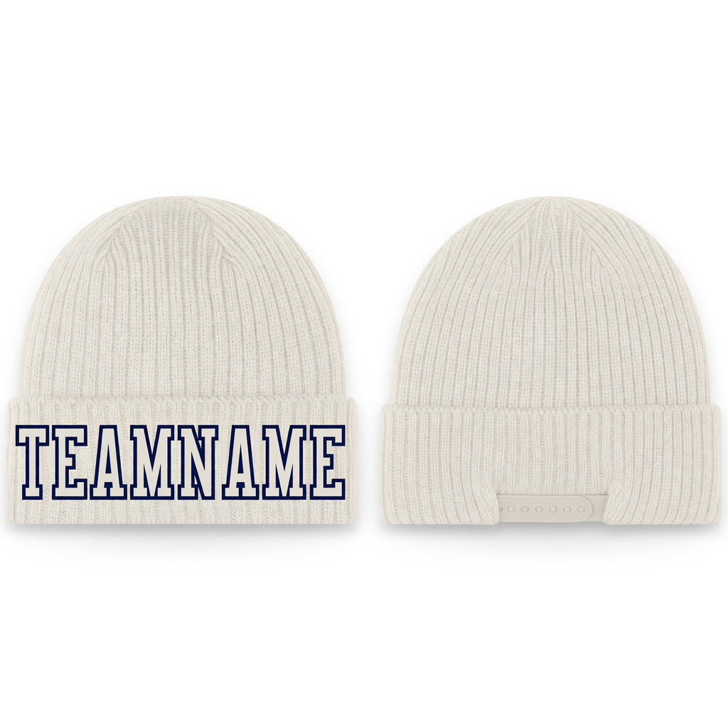 Custom Cream Cream-Navy Stitched Cuffed Knit Hat