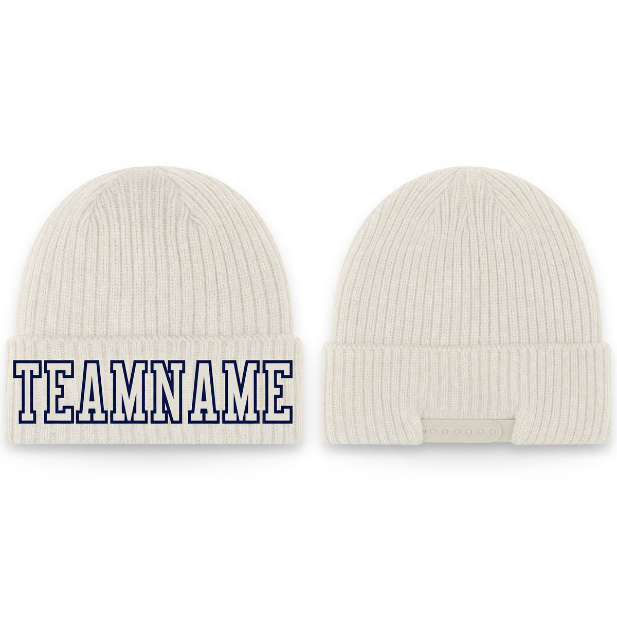 Custom Cream Cream-Navy Stitched Cuffed Knit Hat