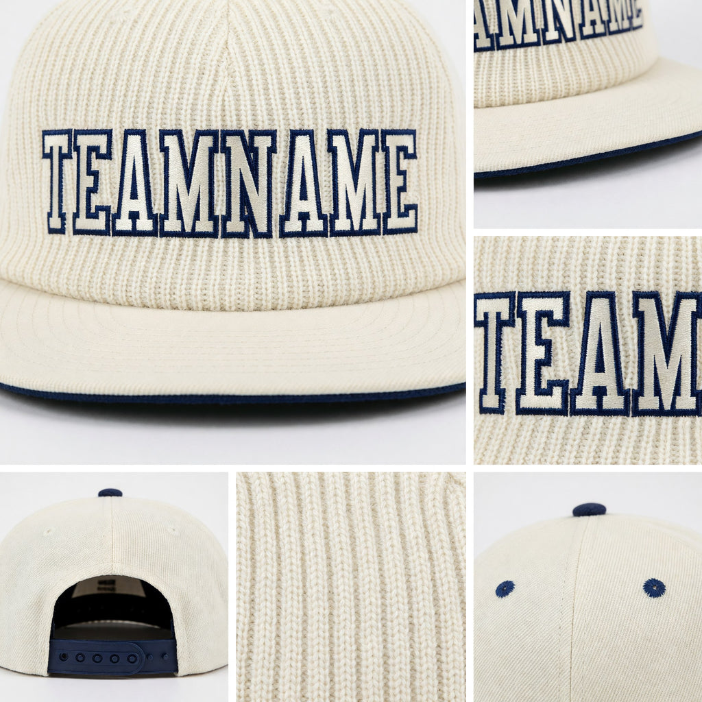 Custom Cream Cream-Navy Stitched Cuffed Knit Hat detail