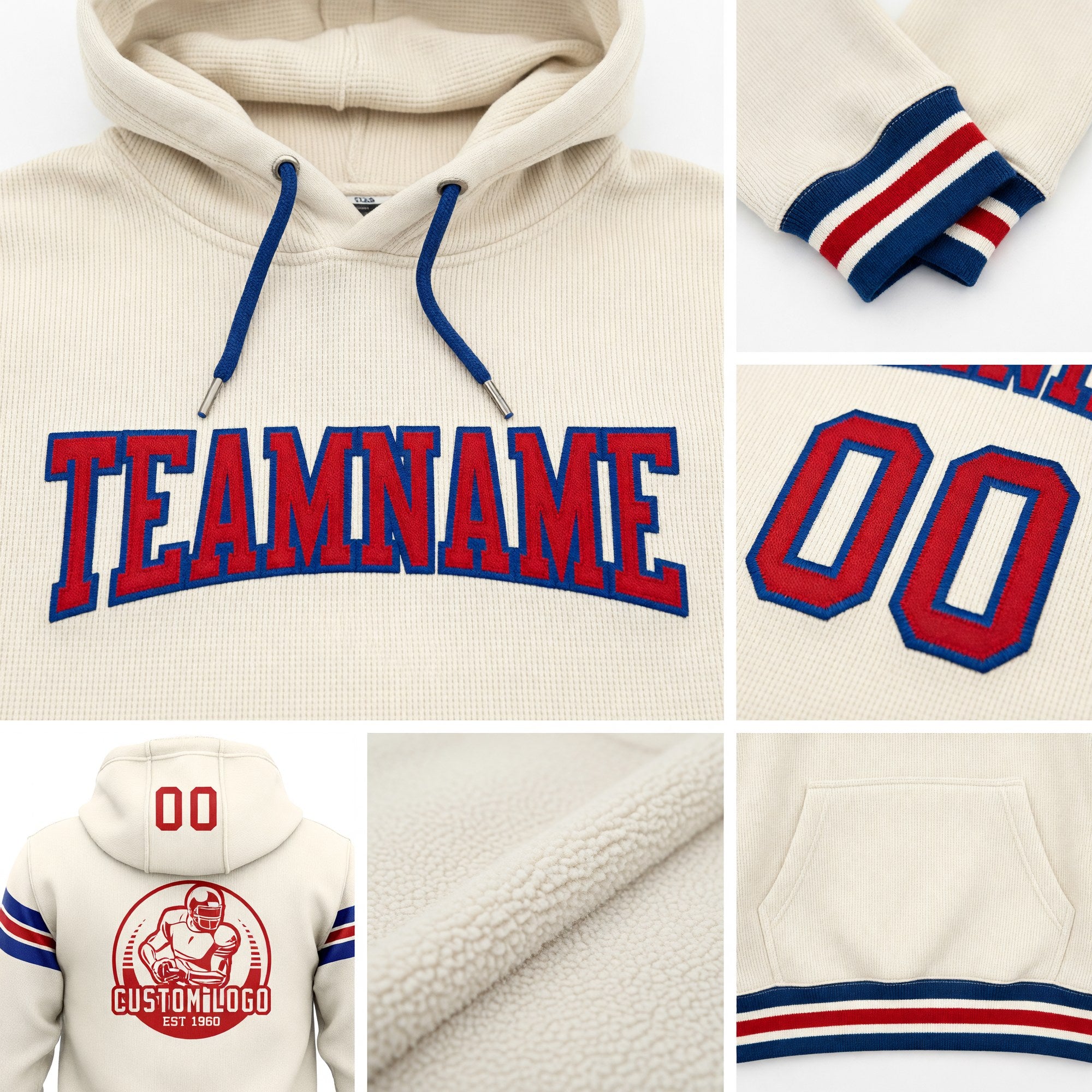 Custom Stitched Cream Red-Royal Football Pullover Sweatshirt Hoodie detail