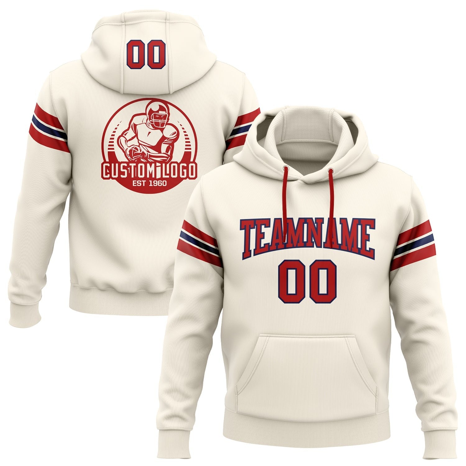 Custom Stitched Cream Red-Navy Football Pullover Sweatshirt Hoodie photo 1
