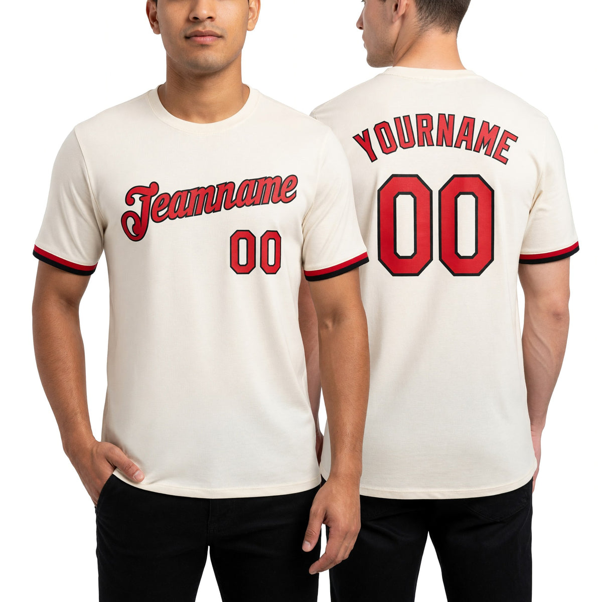 Custom Cream Red-Black Performance T-Shirt worn front and back