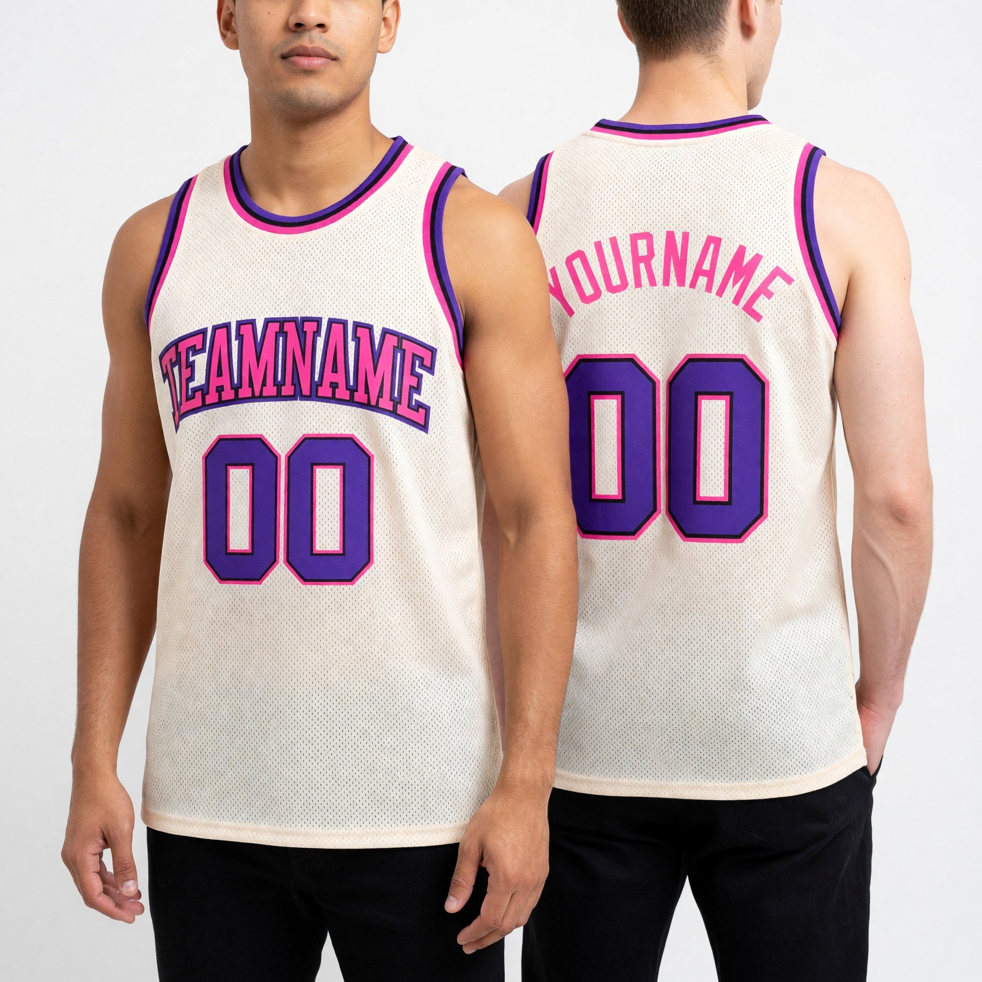 Custom Cream Purple Black-Pink Authentic Throwback Basketball Jersey worn front and back