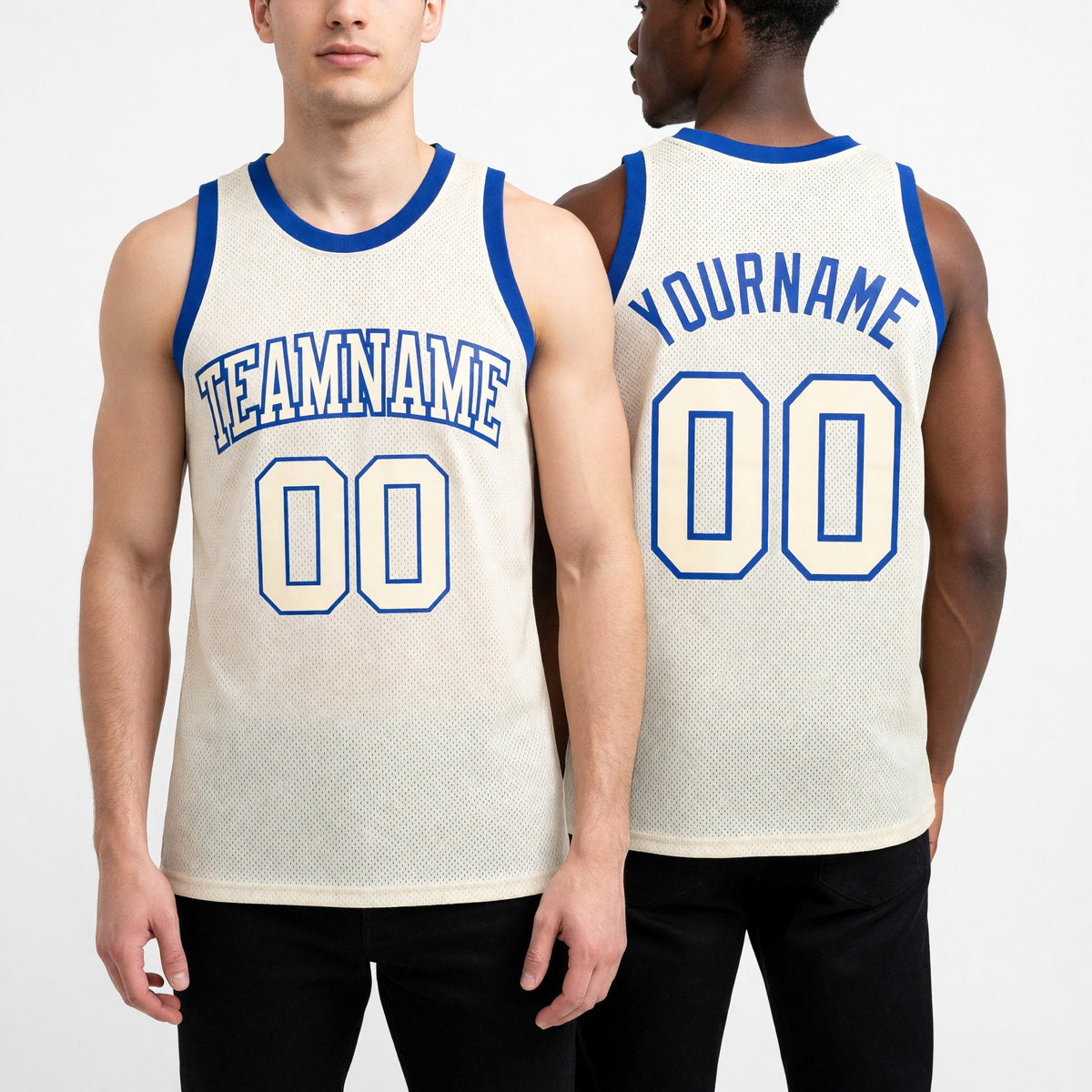 Custom Cream Cream-Royal Authentic Throwback Basketball Jersey worn front and back