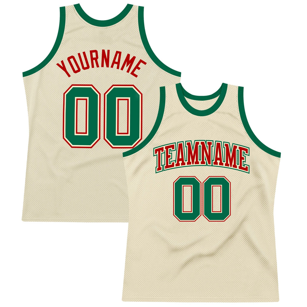 Custom Cream Kelly Green-Red Authentic Throwback Basketball Jersey photo 1
