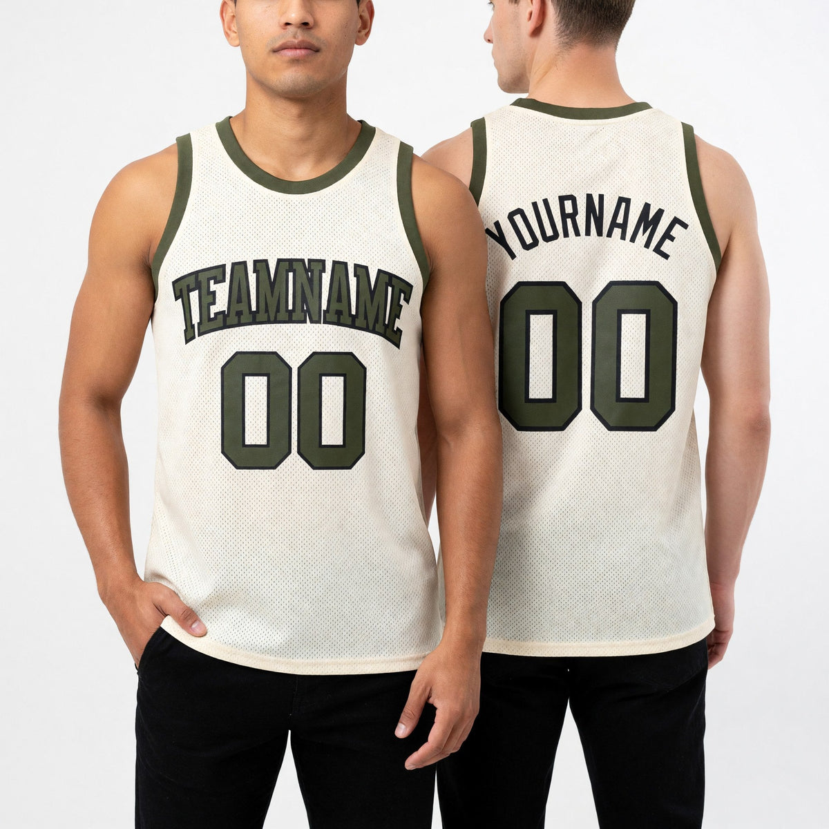 Custom Cream Olive-Black Authentic Throwback Basketball Jersey worn front and back