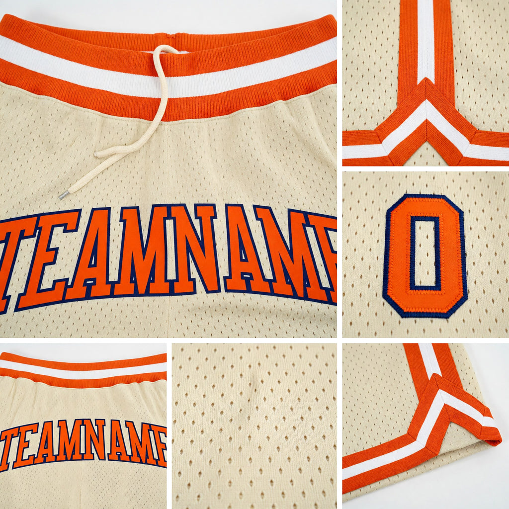 Custom Cream Orange-Navy Authentic Throwback Basketball Shorts detail