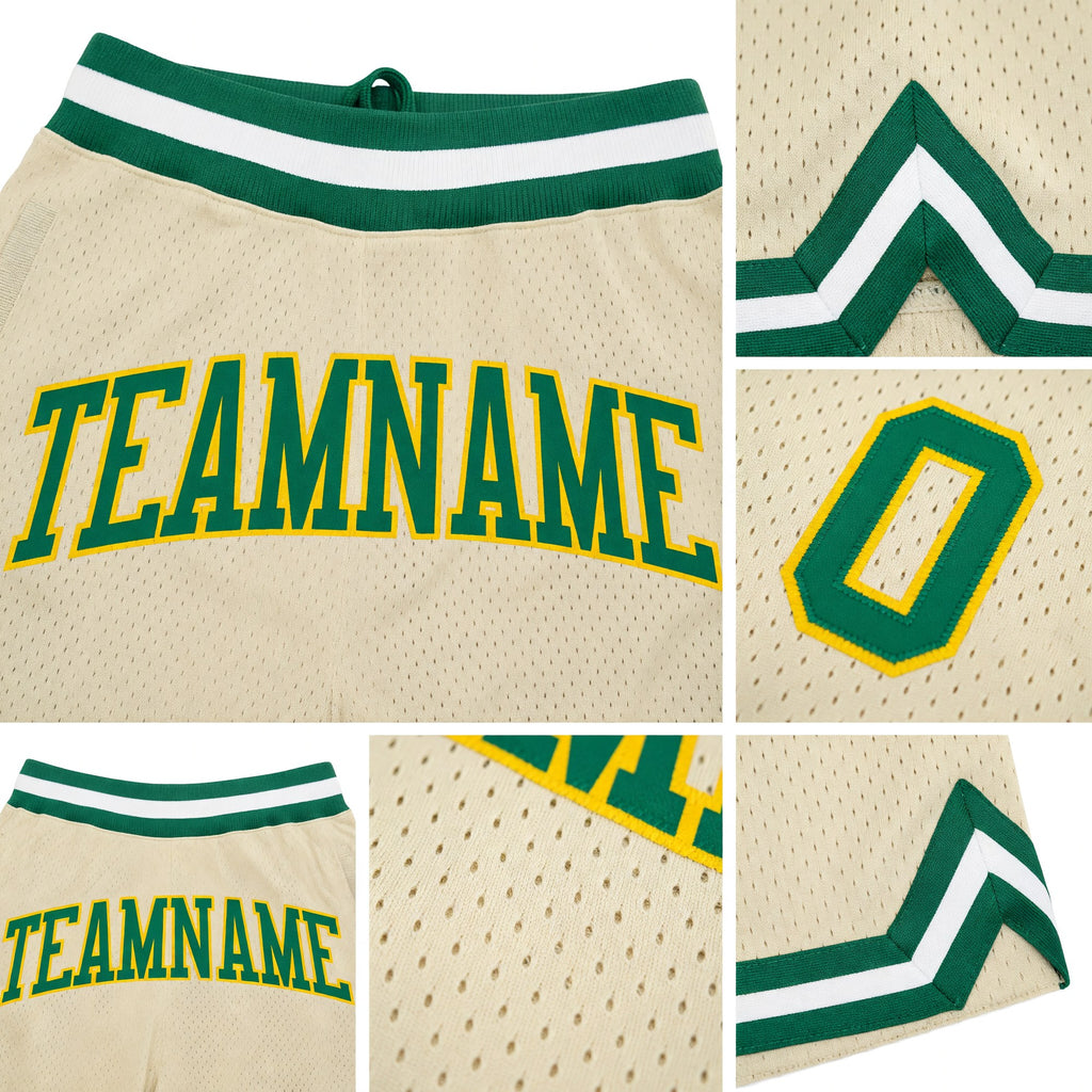 Custom Cream Kelly Green-Gold Authentic Throwback Basketball Shorts detail