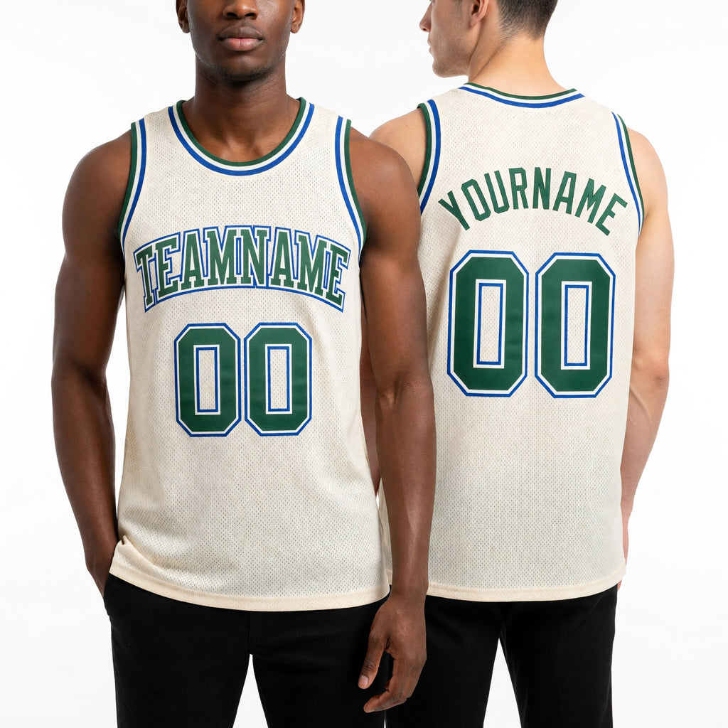 Custom Cream Green-Royal Authentic Throwback Basketball Jersey worn front and back
