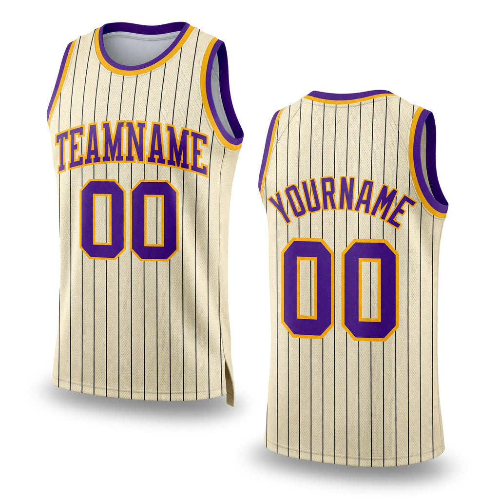 Custom Cream Black Pinstripe Purple-Gold Authentic Basketball Jersey