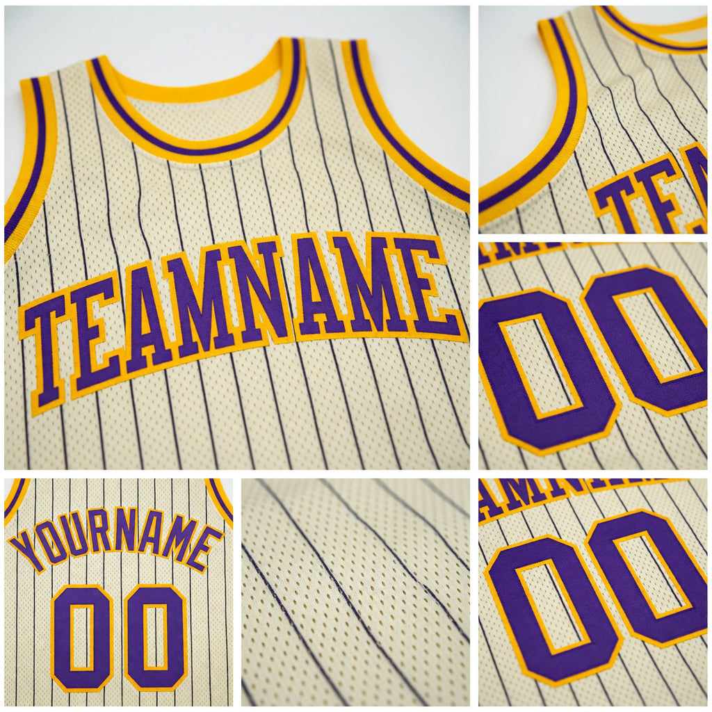 Custom Cream Black Pinstripe Purple-Gold Authentic Basketball Jersey detail
