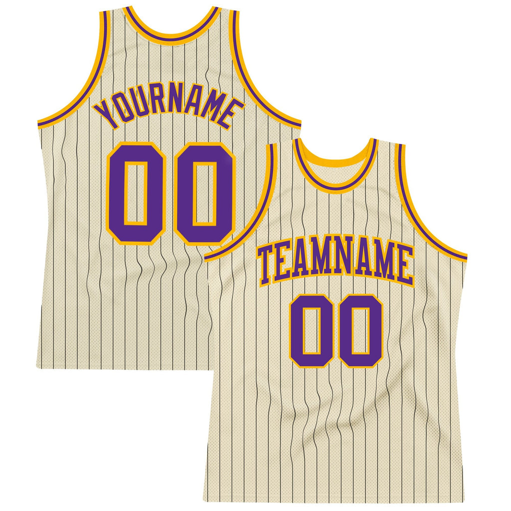 Custom Cream Black Pinstripe Purple-Gold Authentic Basketball Jersey photo 1