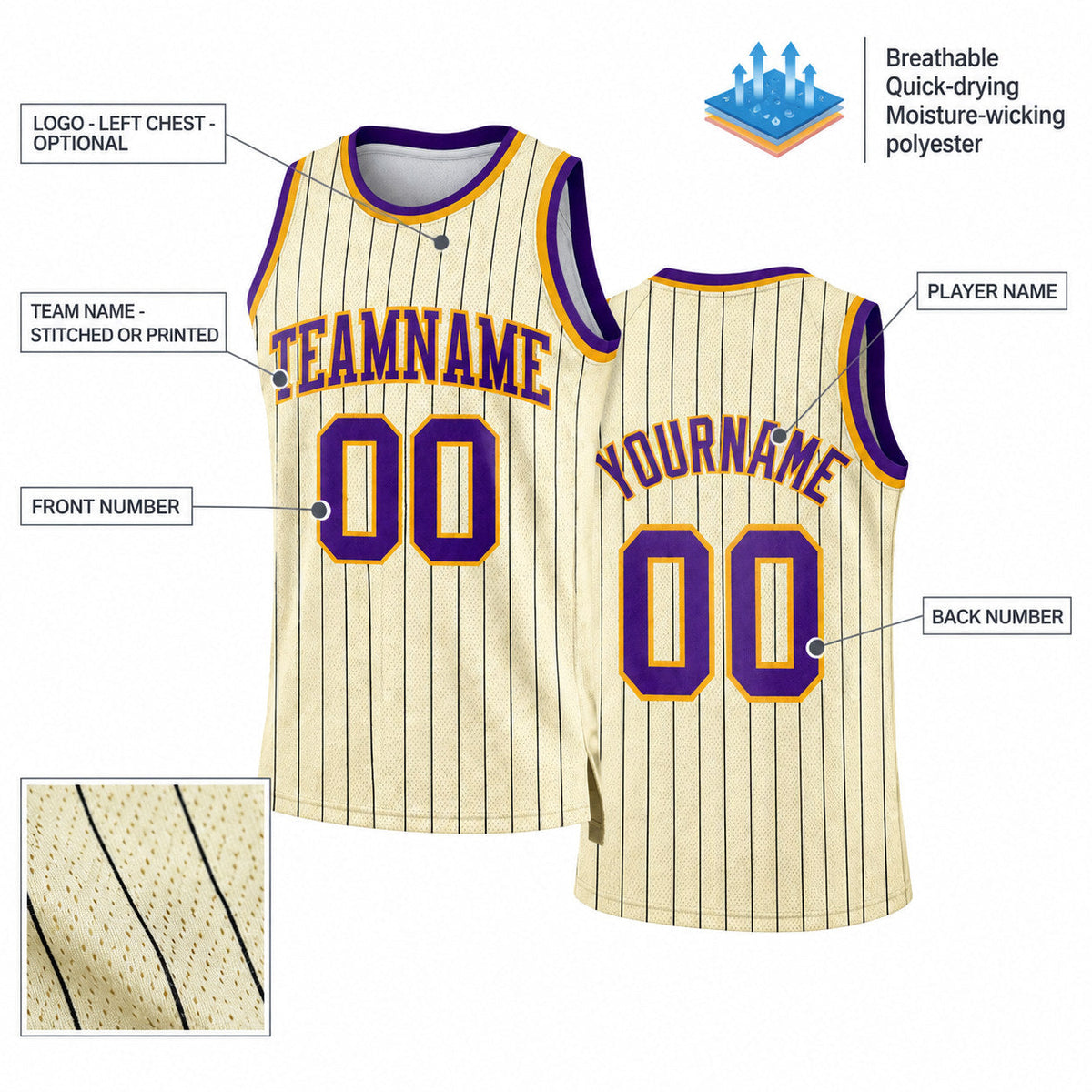 Custom Cream and Black Pinstripe Authentic Basketball Jersey with Purple and Gold Lettering customization guide