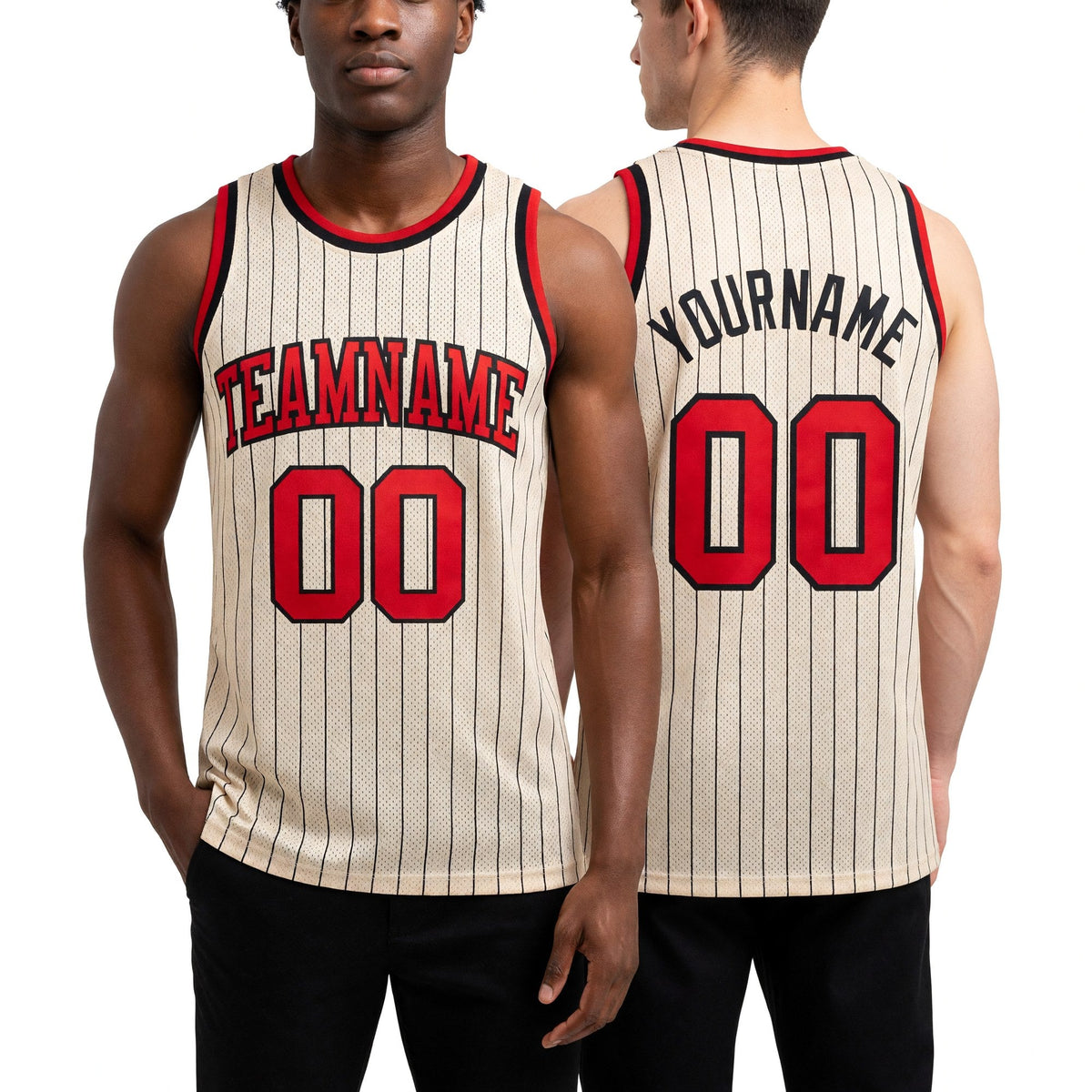 Custom Cream Black Pinstripe Red Authentic Basketball Jersey worn front and back