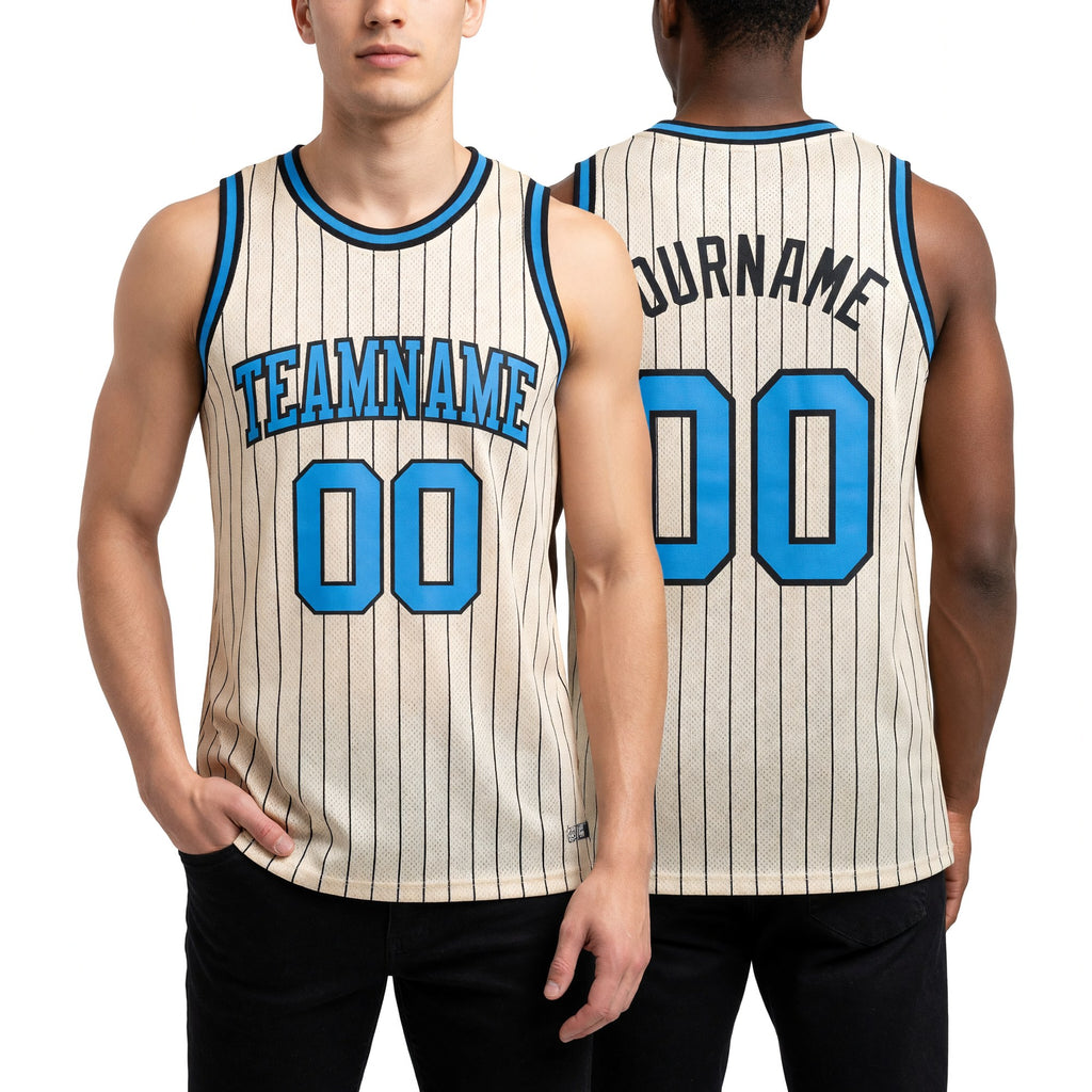 Custom Cream Black Pinstripe Blue Authentic Basketball Jersey worn front and back