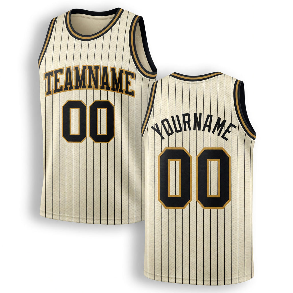 Custom Cream Black Pinstripe Black-Old Gold Authentic Basketball Jersey