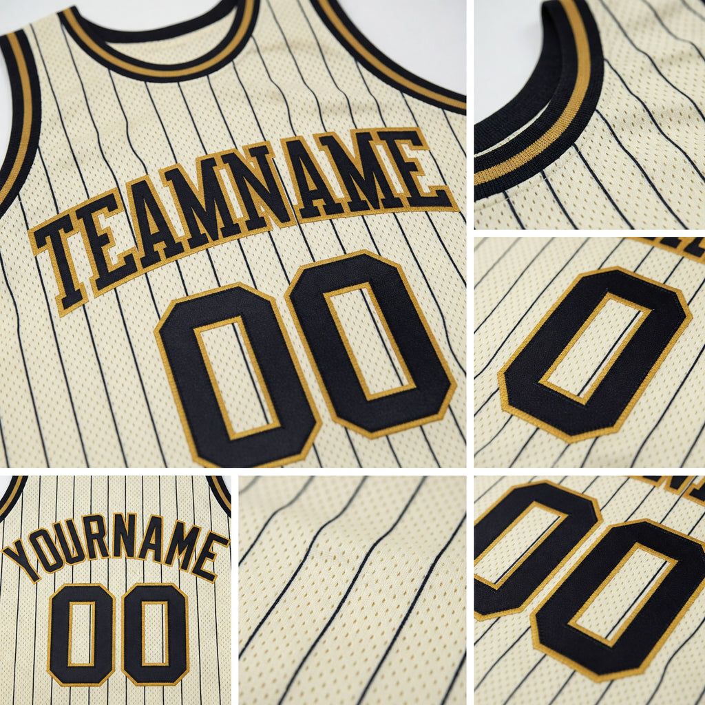 Custom Cream Black Pinstripe Black-Old Gold Authentic Basketball Jersey detail