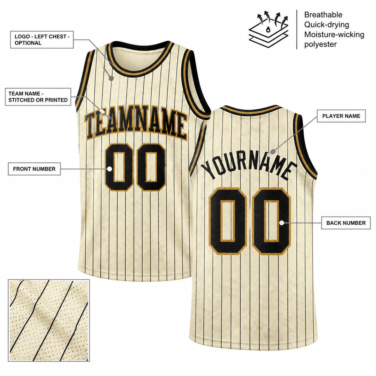Custom Cream and Black Pinstripe Authentic Basketball Jersey with Black and Old Gold Lettering customization guide