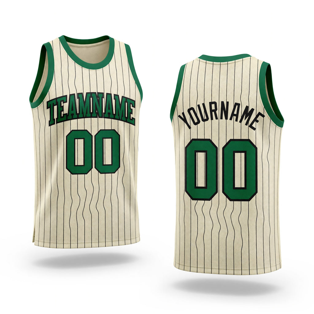 Custom Cream Black Pinstripe Kelly Green Authentic Basketball Jersey