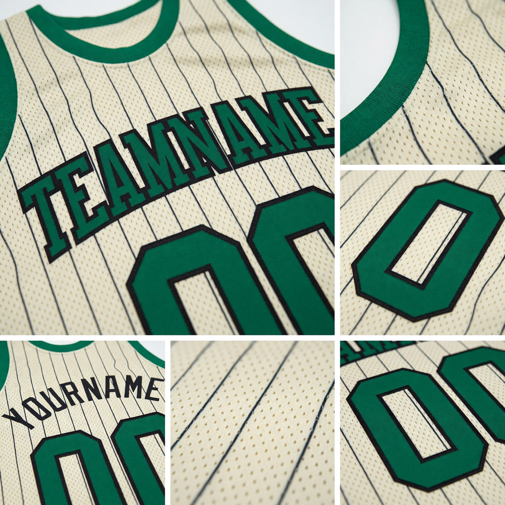 Custom Cream Black Pinstripe Kelly Green Authentic Basketball Jersey detail
