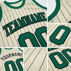 Custom Cream Black Pinstripe Kelly Green Authentic Basketball Jersey detail