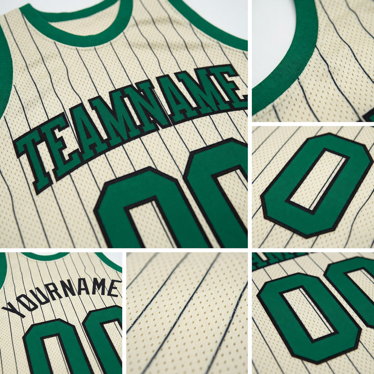 Custom Cream Black Pinstripe Kelly Green Authentic Basketball Jersey detail