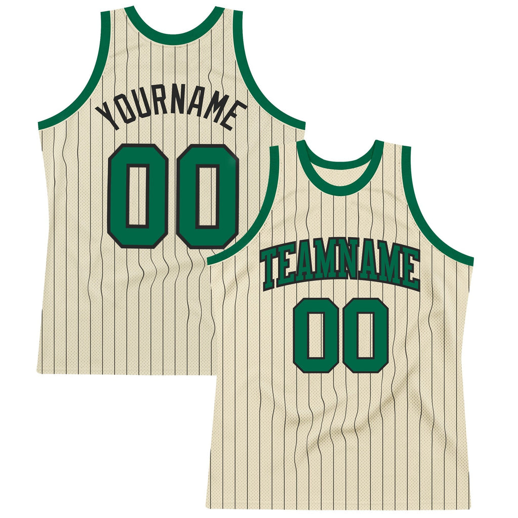Custom Cream Black Pinstripe Kelly Green Authentic Basketball Jersey photo 1