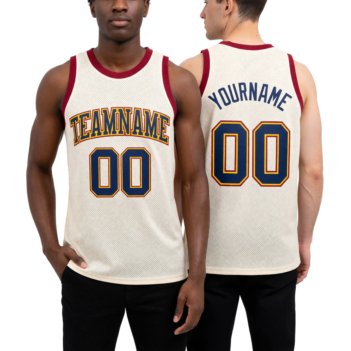 Custom Cream Navy Yellow-Maroon Authentic Throwback Basketball Jersey worn front and back
