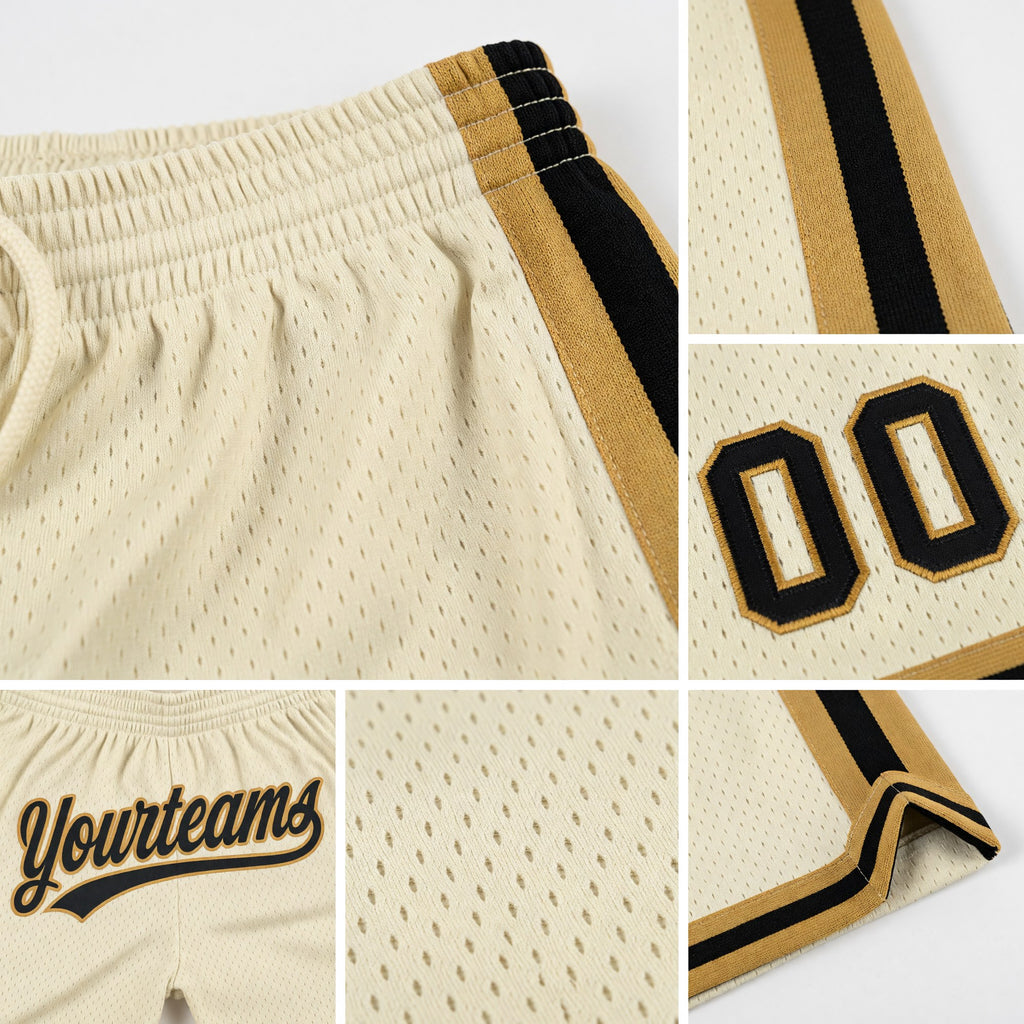 Custom Cream Black-Old Gold Authentic Throwback Basketball Shorts detail