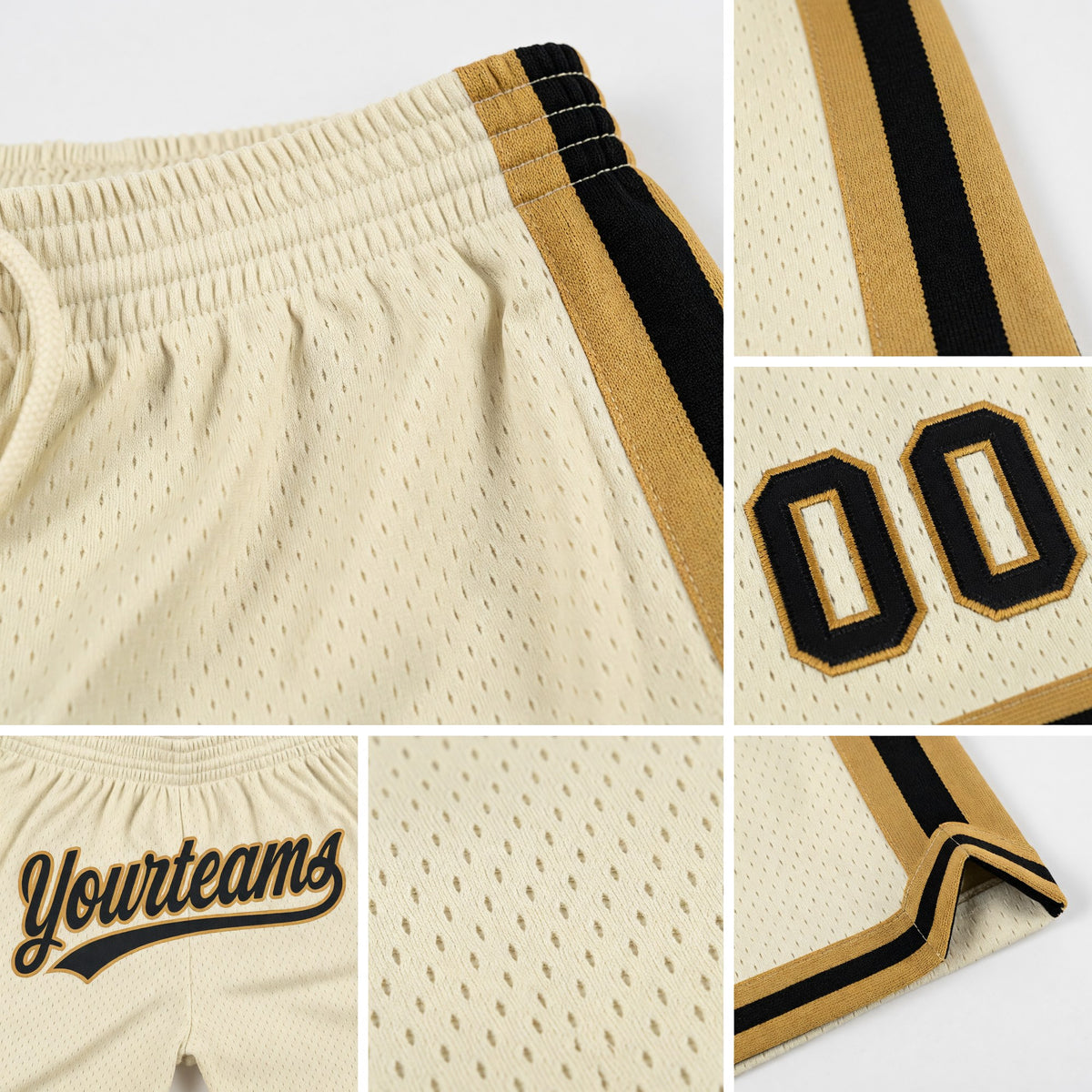 Custom Cream Black-Old Gold Authentic Throwback Basketball Shorts detail