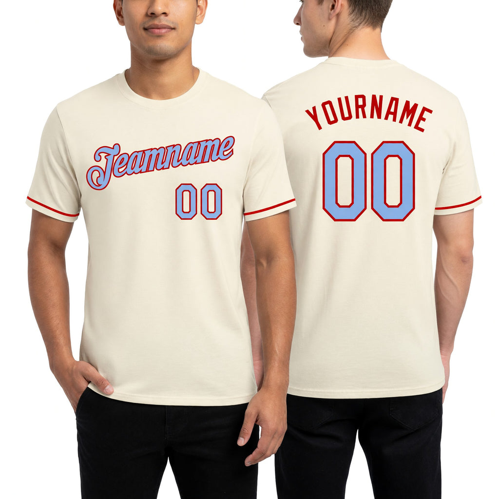 Custom Cream Light Blue-Red Performance T-Shirt worn front and back