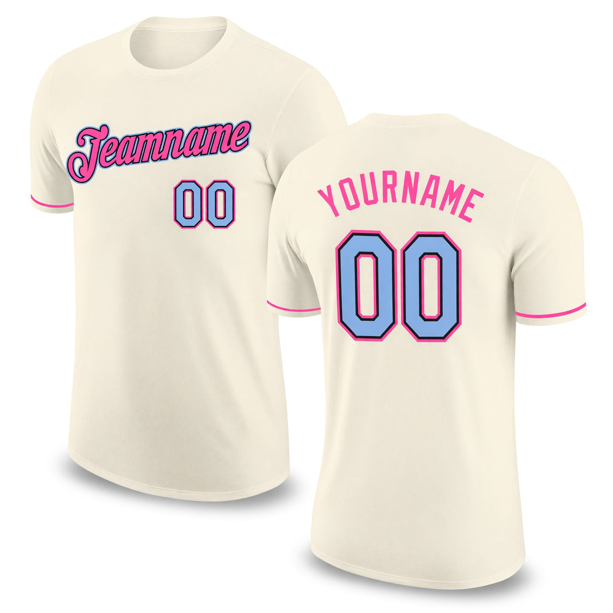 Custom Cream Light Blue Black-Pink Performance T-Shirt