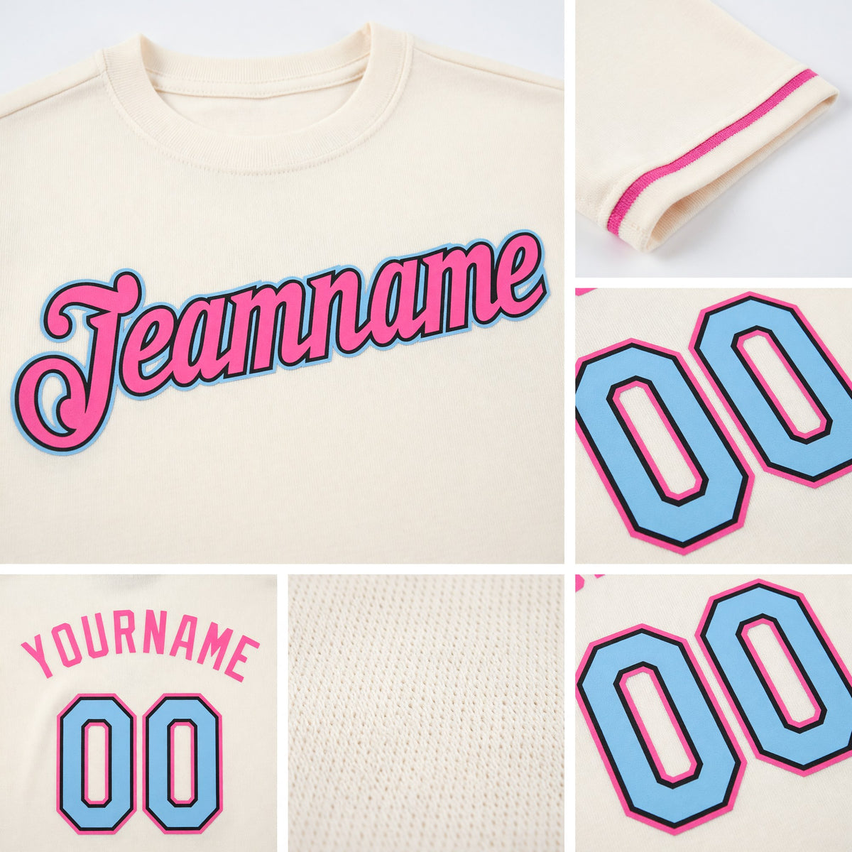 Custom Cream Light Blue Black-Pink Performance T-Shirt detail