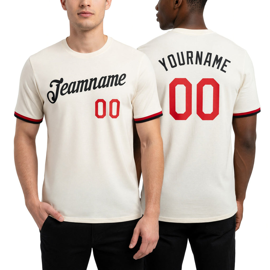 Custom Cream Red-Black Performance T-Shirt worn front and back