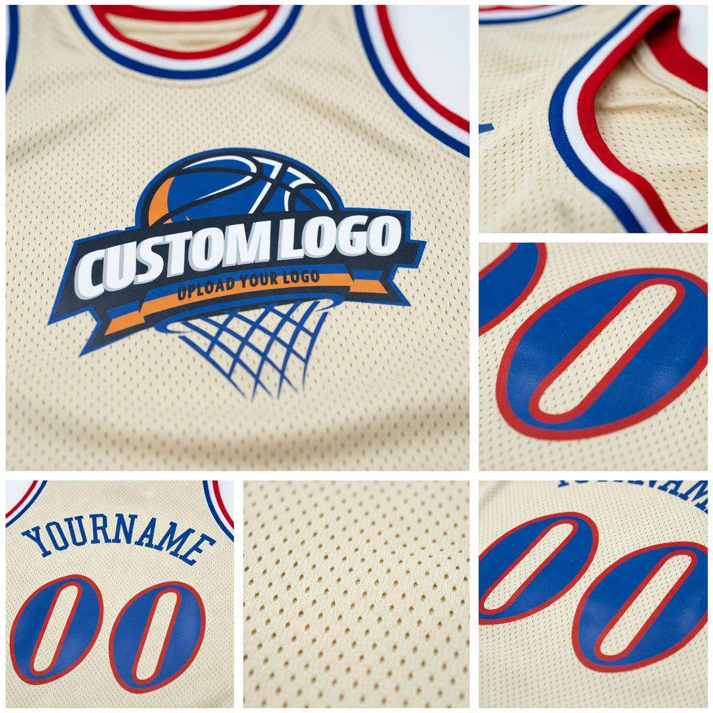 Custom Cream Royal Red-White Authentic Throwback Basketball Jersey detail