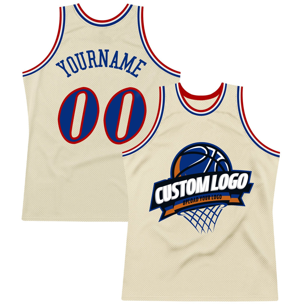 Custom Cream Royal Red-White Authentic Throwback Basketball Jersey photo 1