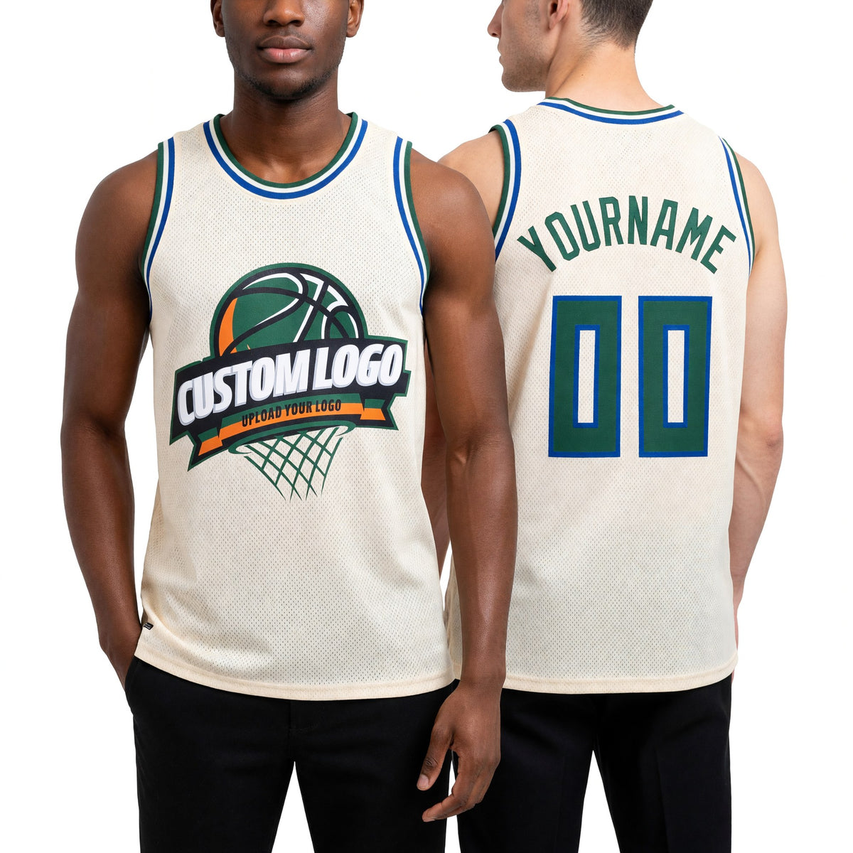 Custom Cream Green-Royal Authentic Throwback Basketball Jersey worn front and back