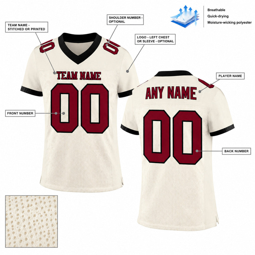 Custom Cream Mesh Authentic Football Jersey with Crimson and Black Lettering customization guide