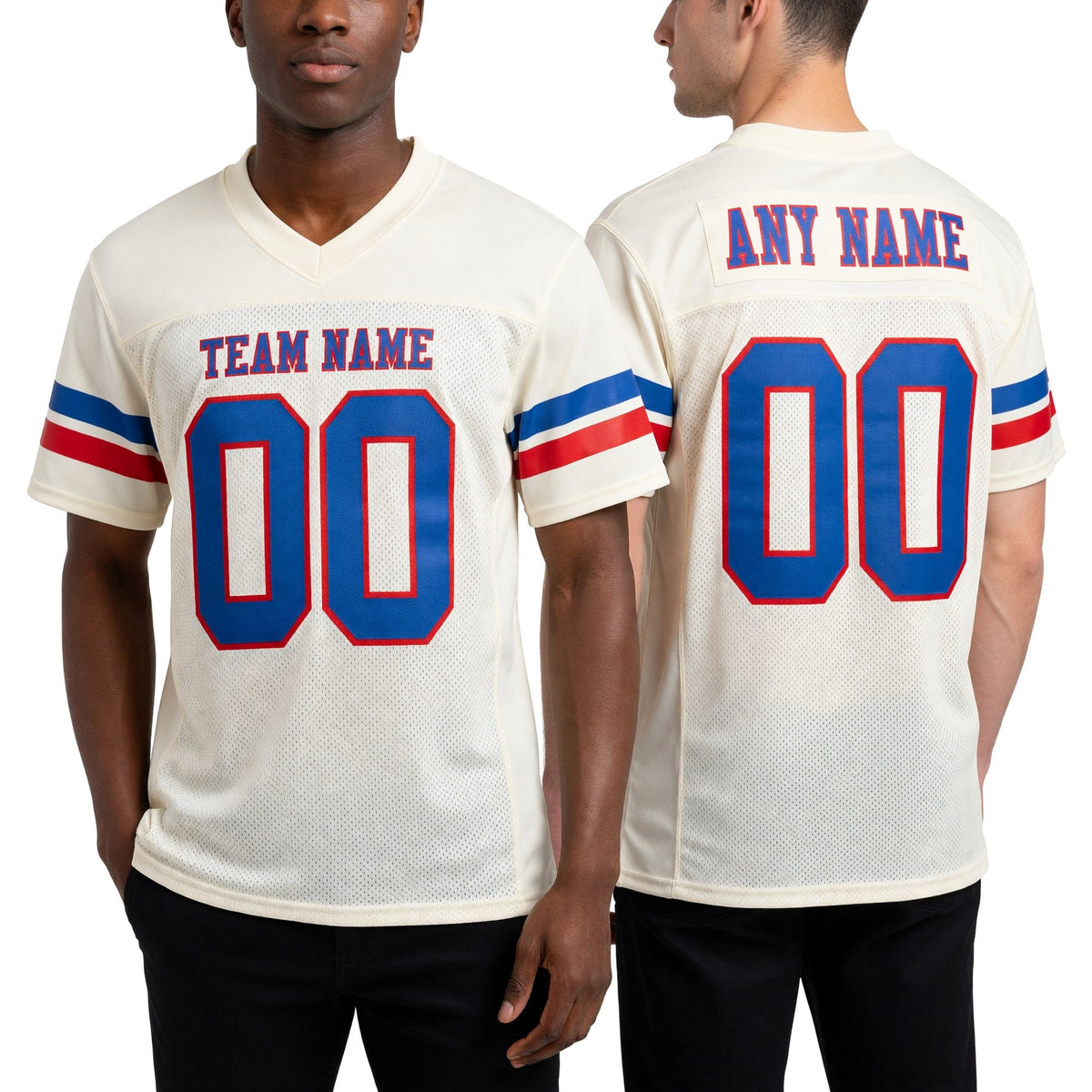 Custom Cream Royal-Red Mesh Authentic Football Jersey worn front and back