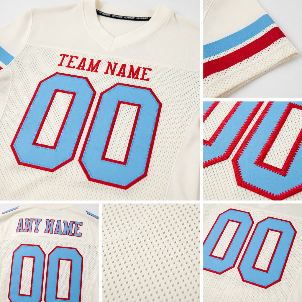 Custom Cream Light Blue-Red Mesh Authentic Football Jersey detail