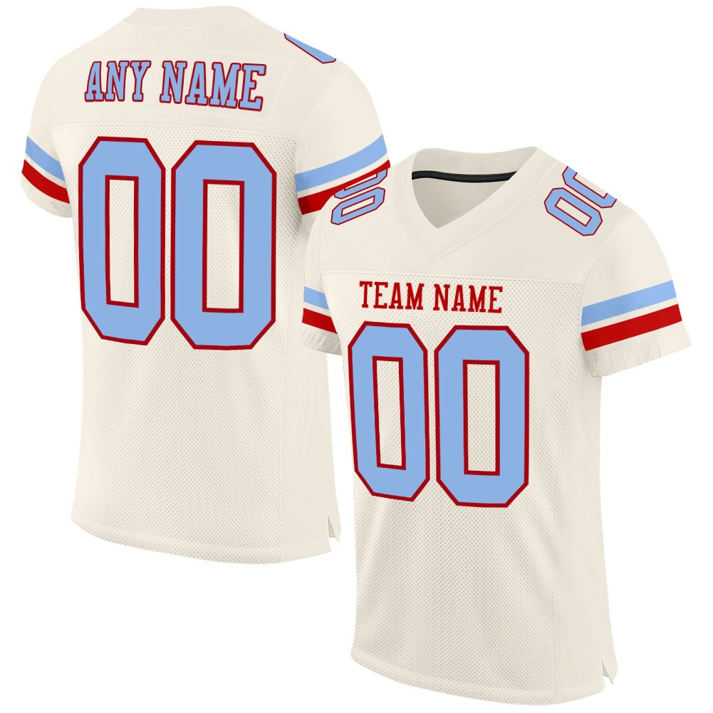 Custom Cream Light Blue-Red Mesh Authentic Football Jersey photo 1