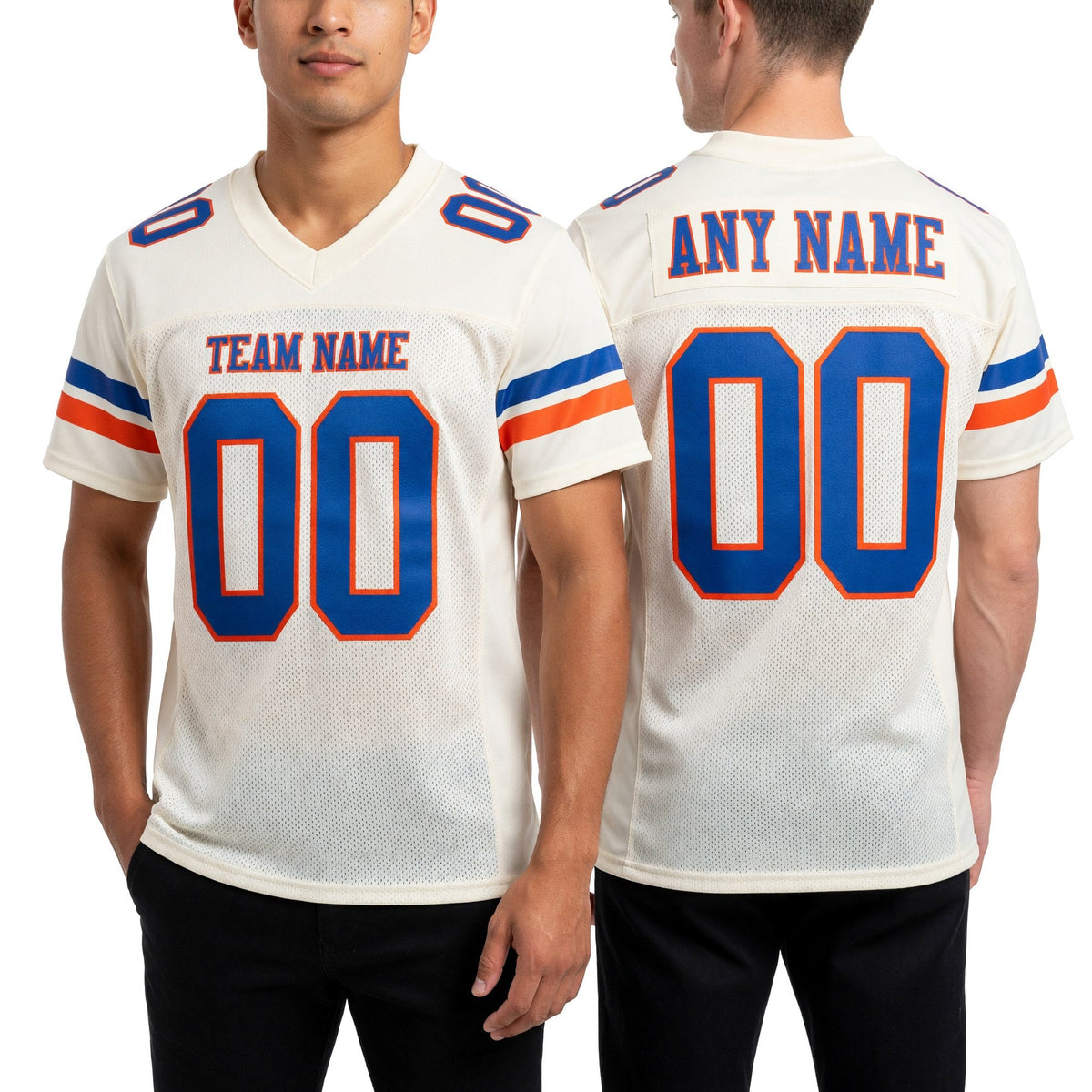 Custom Cream Royal-Orange Mesh Authentic Football Jersey worn front and back