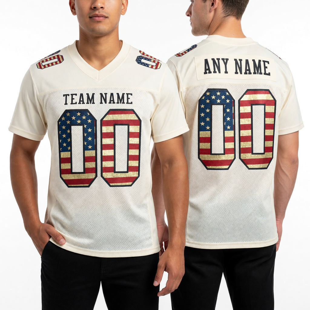 Custom Cream Vintage USA Flag-Black Mesh Authentic Football Jersey worn front and back