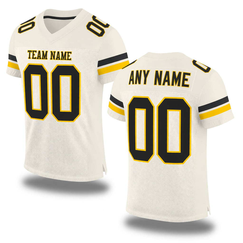 Custom Cream Black-Gold Mesh Authentic Football Jersey
