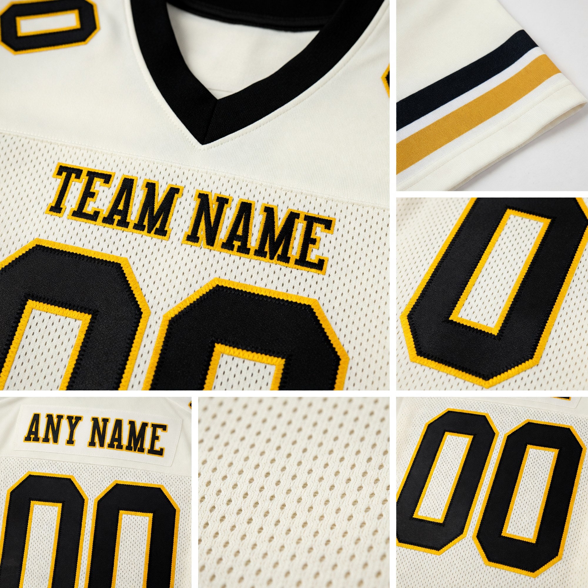 Custom Cream Black-Gold Mesh Authentic Football Jersey detail