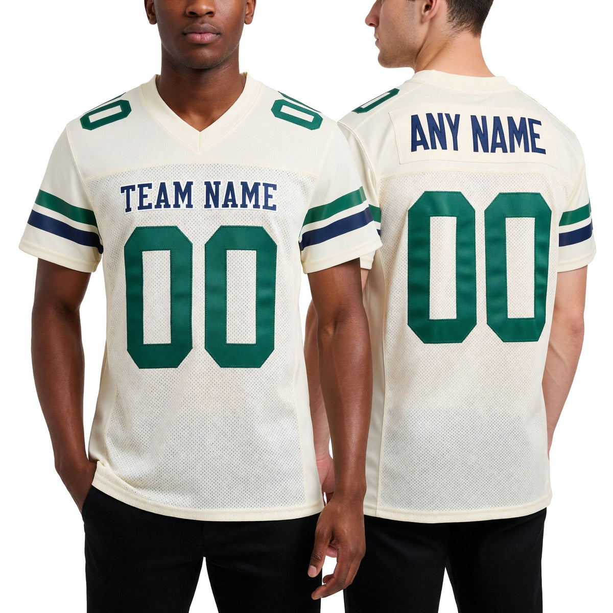 Custom Cream Kelly Green-Navy Mesh Authentic Football Jersey worn front and back