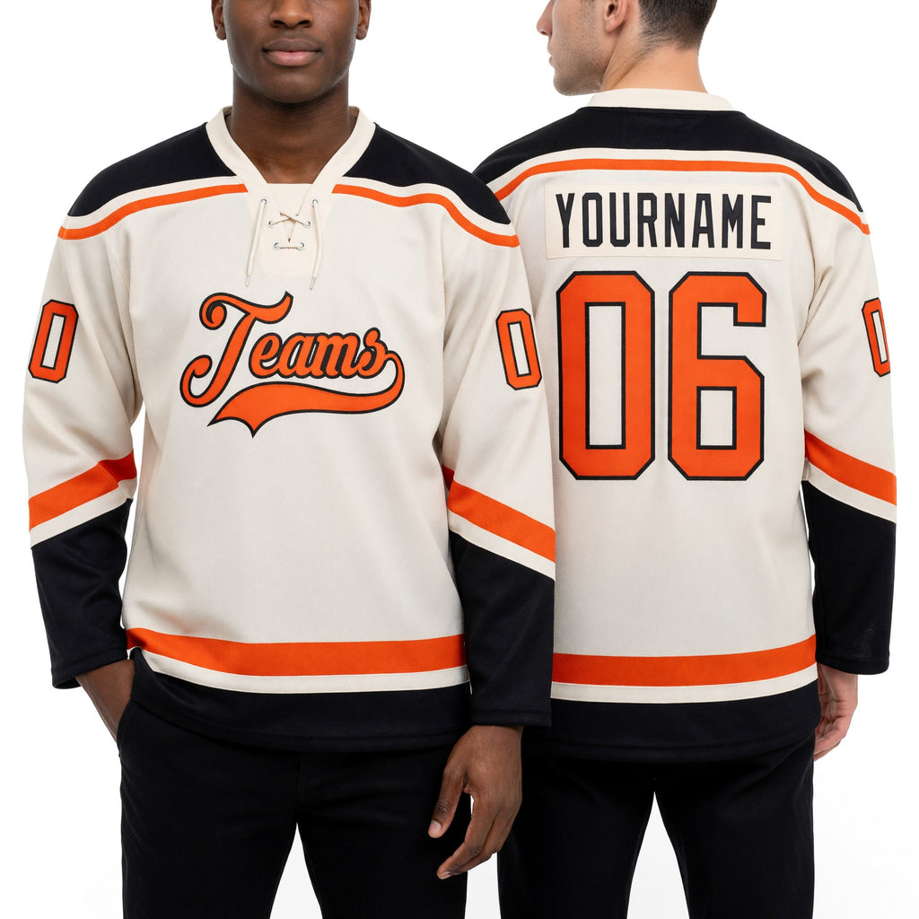 Custom Cream Orange-Black Hockey Lace Neck Jersey worn front and back